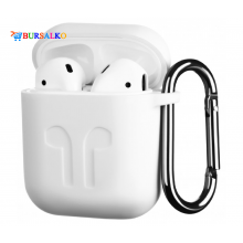 Силиконовый чехол Silicon Case для Airpods беспроводных наушников универсальный с карабином для зарядного кейса толщина 1.5 мм белый (8011BS)